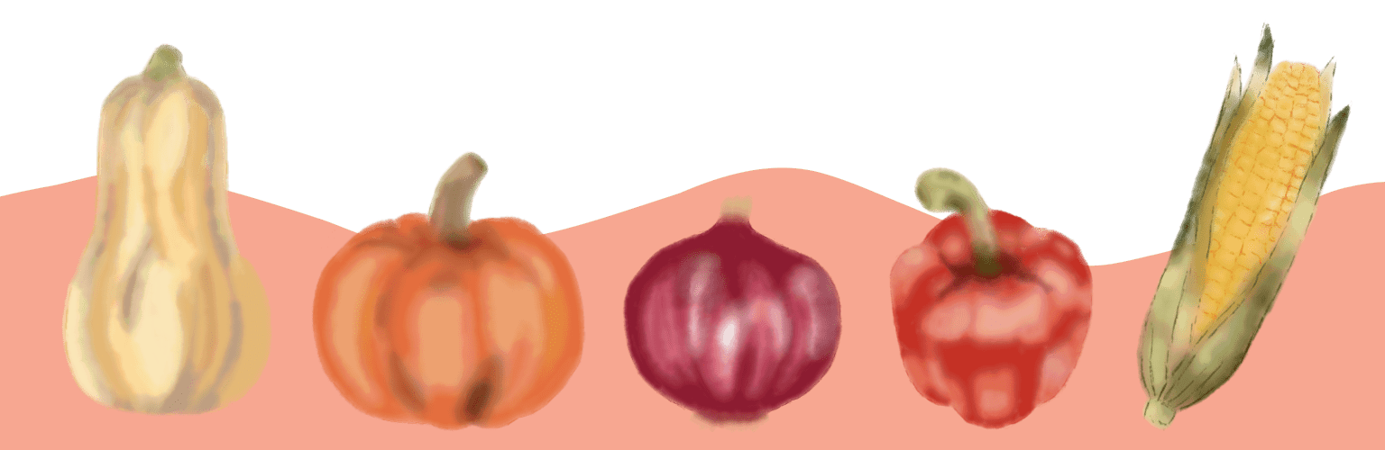 An illustration of five vegetables on a pink curved banner. Vegetables include a butternut squash, pumpkin, red onion, red bell pepper and sweetcorn